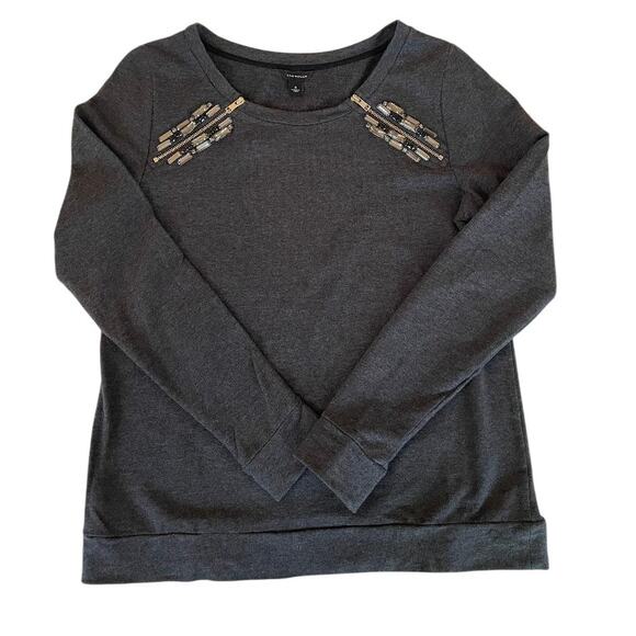 Ann Taylor Charcoal‎ Gray Jeweled/Gems/Crystal with Zipper Sweatshirt Size Small - Picture 1 of 6